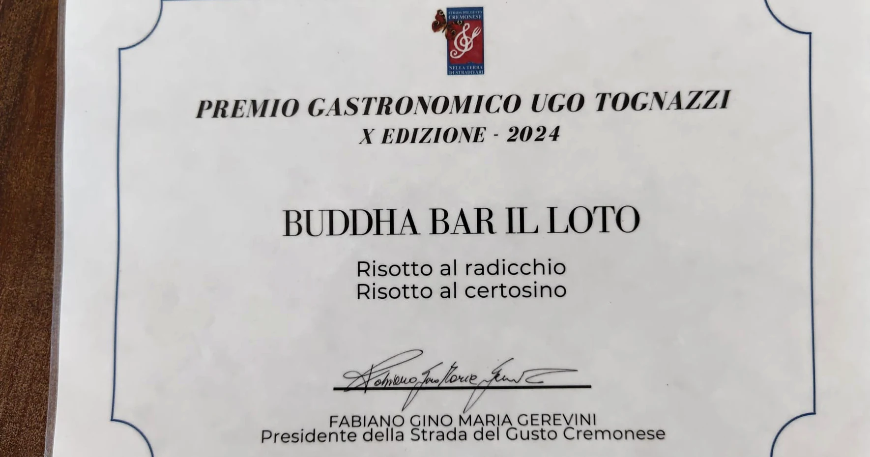 Attestato del Premio Gastronomico Ugo Tognazzi 2024 assegnato al Buddha Bar Il Loto