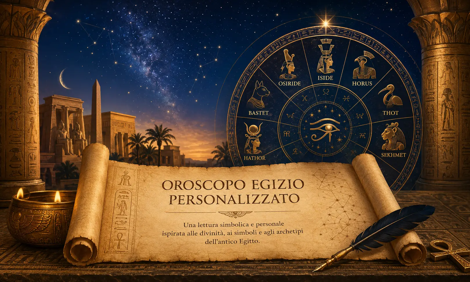 Tempio egizio sotto un cielo stellato con papiro luminoso, immagine simbolica della lettura personalizzata